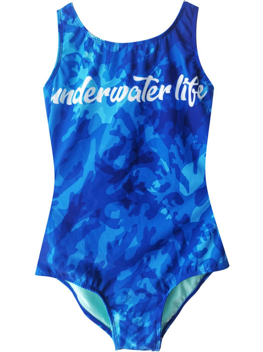 SWIMSUIT MARINE CORAL BLUE - UNDER WATER LIFE - OVAL BACK